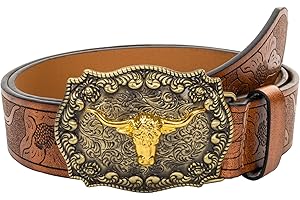 INOGIH Cintura in pelle da cowboy occidentale con fibbia a forma di toro vintage per uomini e donne, Marrone, 43''Length Suit for Waist 34''-39''