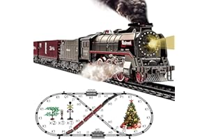 Hitish Train Set for Kids, Electric Train Toys with Realistic Light Sounds Smoke, Christmas Train Model Gifts for Toddlers Boys Girls, Steam Locomotive, Luxury Track & 3 Truck Carriages