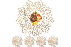 MI CASA 4er Set PVC Tischset Platzset Rund Gold, Runde Tischsets Platzsets Abwaschbar, rutschfest Hitzebeständig Platzdeckchen Abwaschbar Platzteller Rund inkl. 4 Untersetzer für Hochzeit Weihnachten