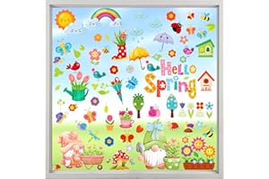 JOYEASE Wiosna samoprzylepna naklejka na okno, 9 arkuszy, dekoracja okienna, wiosna, do wielokrotnego użytku, z skrzatem, kwiatami, motylem, na wiosnę, dekoracja okna, pokoju dziecięcego