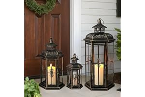 JHY DESIGN Zestaw 3 Dekoracyjnych Latarni na Świece, 50 cm, 36 cm, 25 cm Wysokości, Metalowe Latarnie na Zewnątrz i Wnętrz, Do Ogrodów, Imprez, Wesel (Czarny z Złotym Pędzlem)