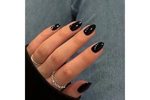 KQueenest Schwarz Press On Nails Kurz, Acryl Nägel zum Aufkleben Kurz Runde, Einfarbig Fake Nails Mandel Fingernägel zum aufkleben, Glänzende Gel Kunstnägel für Frauen Alltagstauglich 24 Stück