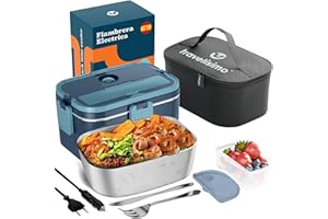TRAVELISIMO Fiambrera Electrica Comida Trabajo 80W Taper Electrico para Comida 1,8L Fiambrera Termica 3 en 1 12V/24V/220V Lon