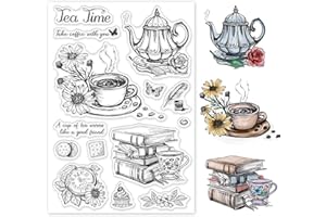 GLOBLELAND Tè Pomeridiano Caffè Libri Orologio da Tasca Timbro di Gomma, Teiera Farfalla Timbro in Silicone Trasparente, Timbro Chiaro per Album di Carte di Carta