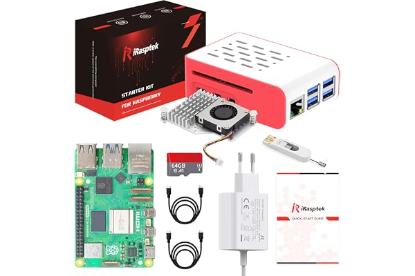 iRasptek Starter Kit for Raspberry Pi 5 de démarrage 16Go - Édition OS-Bookworm de 64Go préinstallée (boîtier Rouge et Blanc)