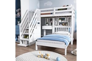 KecDuey Letto a castello multifunzionale, 90 x 200 cm, letto matrimoniale, con scrivania, mensole e rete a doghe, Bianco