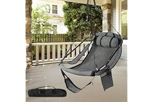 Bathonly Hängesessel mit Fußstütze, Sky Chair mit Metallstange, Hängeschaukel, Hängestuhl Outdoor Mit Seitentasche, Getränkehalter, Stützkissen, bis 150 Kg Belastbar, Schwarz