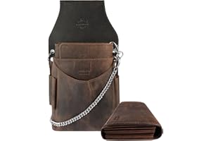 LEONARDO VERRELLI Kellner Geldbörse aus Nappaleder, Kellner Börse, Geldbeutel, Taxi, Service für Damen Herren Portemonnaie mit Holster, Steck Tasche, mit Kette und großem Münzfach (Braun)