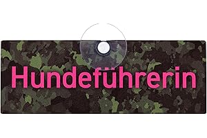 WILDE HILDE ORIGINAL Autoschild - Jagdschild mit Saugnapf "Jagdhund im Einsatz" aus Aluminiumverbundmaterial, UV- & Witterungsbständig, formstabil, 18 x 6.5 cm - MADE IN GERMANY (Hundeführerin)