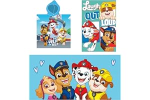 damaloo Badeponcho Kinder Handtücher Set mit Paw Patrol Motiv - Bademantel Poncho mit Kapuze als Badeumhang, XXL Badetuch 70x140 für Strand oder Bad & kleines Handtuch 30x50 als Kinderhandtuch