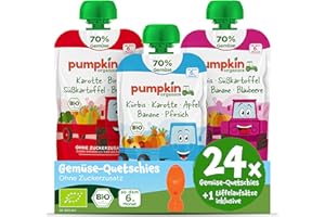 ‎PUMPKIN ORGANICS Pumpkin Organics 24er Pack ERSTE LIEBE Bio Gemüse-Quetschies mit 1 Löffelaufsatz - Quetschie ohne Zuckerzusatz¹ - Beikost unterwegs - für Babys ab dem 6. Monat - Kennenlernpaket (24x100g)