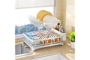 SAYZH Scolapiatti Staccabile a 2 Livelli In Acciaio Inox Per Bancone Da Cucina, Grande Antiruggine Con Vassoio Estraibile Per Lavello, Porta Utensili, Bianco