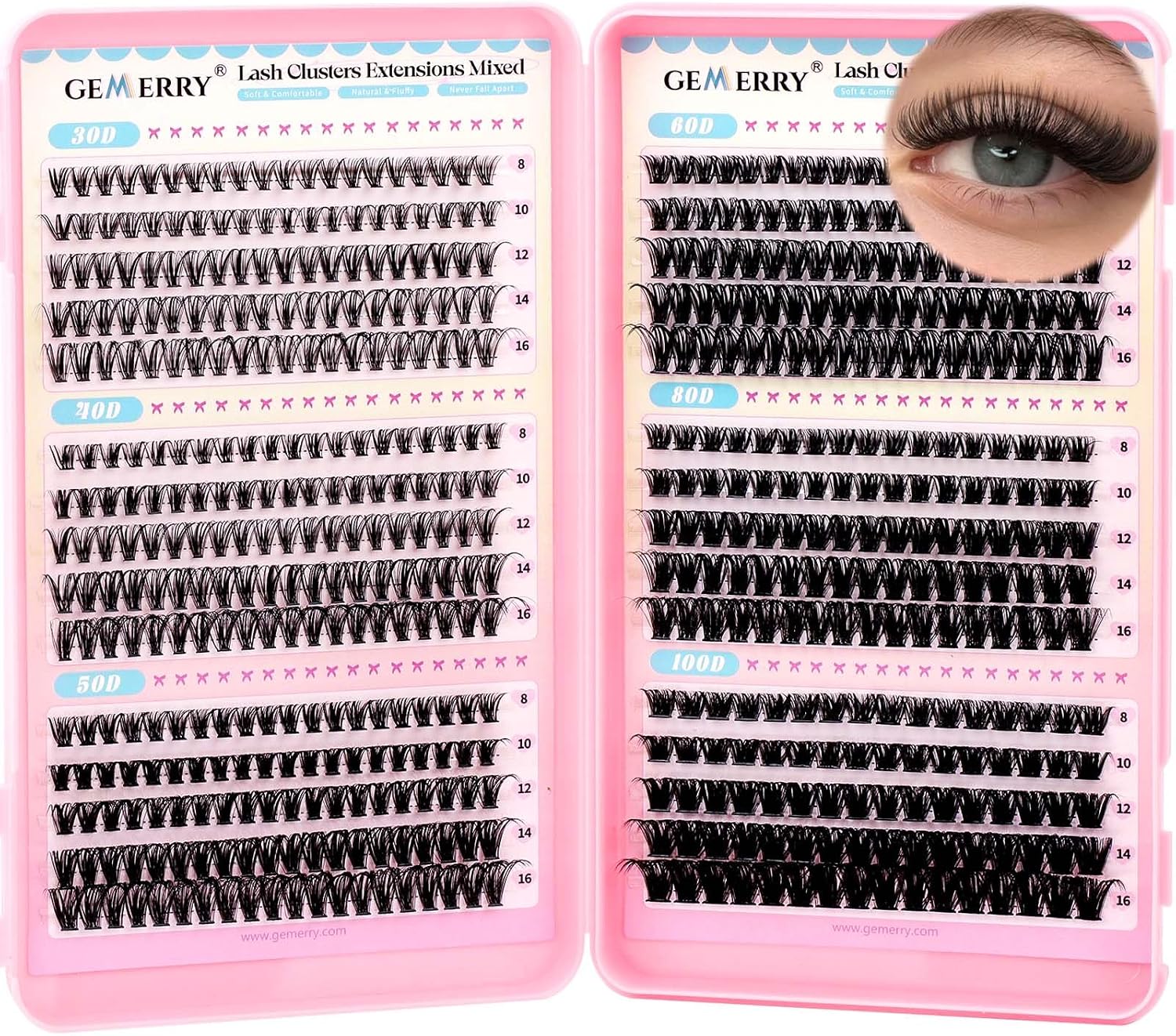 GEMERRY Pestañas Postizas 30D+40D+50D+60D+80D+100D D Curl 8-16mm Mix Pestañas Pelo a Pelo para Extensiones de Pestañas Cluster Lashes
