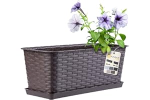 KADAX Jardinière Rectangulaire 40 cm, Balconnière en Plastique Aspect Rotin avec Soucoupe pour Embellir Votre Espace Extérieur (Marron)