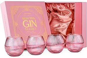 GLASSIQUE CADEAU Vintage Art Deco Bicchieri da cocktail Gin Tonic a coste, rosa delicato con bordo dorato, set da 4 pezzi | 400 ml di cristallo scanalato per cocktail | Set regalo per gli amanti del