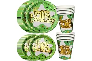 Vaisselle de Fête Joyeux Anniversaire,Assiettes en Papier d'anniversaire en or vert,Ensemble de Fête d'anniversaire,Gobelets en Papier Assiettes Joyeux Anniversaire,Décoration de Table Garçons filles