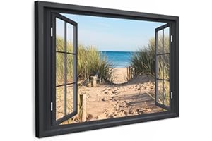 MuchoWow© Impression sur Toile Decoration Murale Peinture 120x80 cm Tableaux Decoratifs Muraux Déco Chambre Tableau Salon Vue de la fenêtre - Plage - Mer - Sable - Eau - Herbe de plage - Dunes