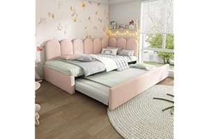 ‎JOVIFY Polsterbett Tagesbett 90x200 Einzelbett mit Ausziehbett 90x190 cm, Kinderbett Jugendbett Daybett Gästebett Schlafsofa Sofabett Bettgestell mit Lattenrost aus Metall, Ohne Matratze, Samtstoff, Rosa