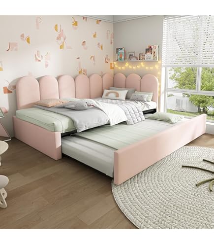 NNJN Gestoffeerd bed dagbed 90x190cm, dagbed slaapbank met uittrekbed 90x190cm, kinderbed met lattenbodem, linnen, zonder matras (roze fluweel