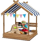 Outsunny Wooden Children's Sandbox with 2 Seats and Canopy Brown | Children's Sandbox in House Shape, Canopy, 6 Pennants, 2 R