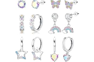 Morfetto 6 Paia di Orecchini per Ragazze in Argento, Set di Orecchini a Vite in Acciaio Inossidabile Anallergici, Carini a Cuore, Farfalla, Huggie Hoop, Orecchini con Vite e Pendenti per Bambini