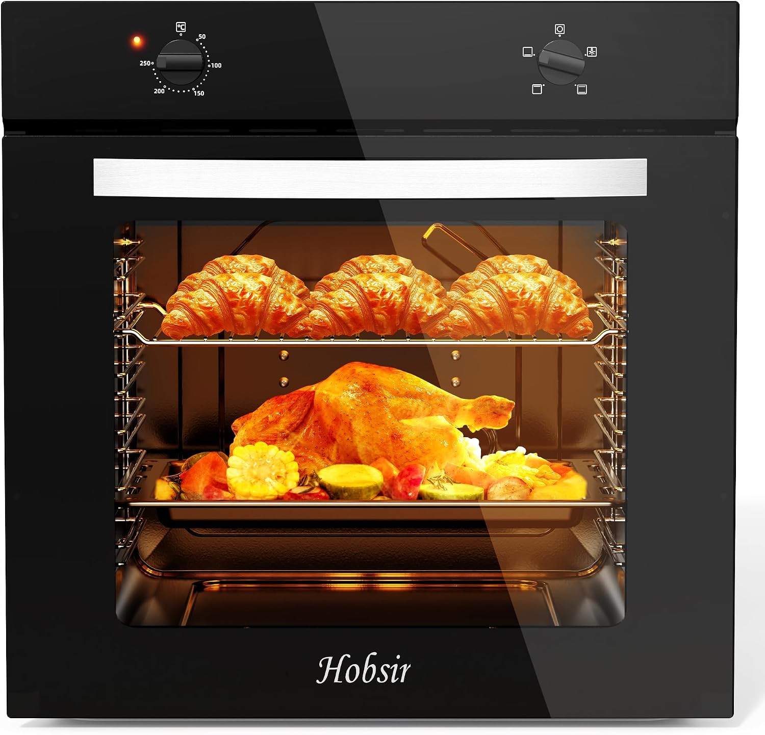 Hobsir Electric Oven, 65L Built-in Oven 4 Functions Knob Control 2000W Plug and Play 220~240V 60cm Wide [Energy Class A]