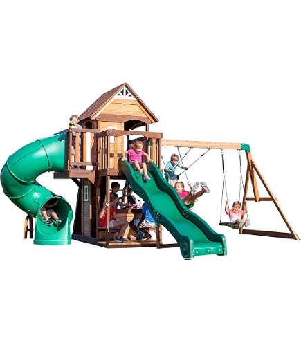 Aire de jeux Backyard Discovery Sterling Point avec 3 Balançoires et toboggan - Mur Aire de jeux Backyard Discovery Sterling Point avec 3 Balançoires et toboggan - Mur