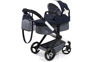 BAYER DESIGN Bayer Baby Dolls Pram XEO - Convertible Doll Pushchair, Carrycot & Changing Bag - Stroller with Adjustable Handle Height for Girls, Tall Dolls Pram for 6+, 3-5 Year Olds - Navy Blue, Ribbon