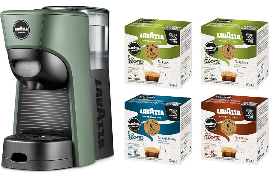 Lavazza, A Modo Mio Tiny Eco Green Coffee Machine with 64 ¡Tierra! Assorted Capsules, Recycled Plastic Espresso Machine, 1450 W, 220-240 V, 50/60 Hz, 0.6 Litres
