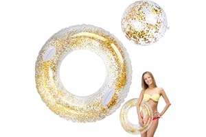 RosyFate Koło do pływania, przezroczyste kółko do pływania, brokatowe, opony do pływania dla dorosłych, nadmuchiwane opony do pływania latem, na plażę, zabawka na basen