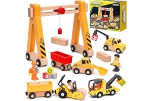 ATOYLINK Véhicule Chantier Jouet en Bois Enfants, Magnétique Jouet de Véhicule avec Grue Portique, Excavatrice, Camion Grue, Compacteur Routier, Véhicules de Construction en Bois Cadeau Garçon 2 3 4 5 6 Ans