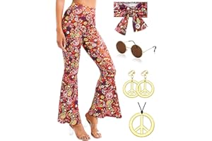 YADODO 70er Jahre Damenhose Hippie Kostüm Damen Disco Hosen Set Hippie kleidung Damen Mädchen FaschingSkostüme 60er 70er Jahre Halloween Outfit Retro Schlaghose Boho Schlaghose für Karneval