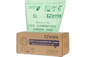 EZwoks 6L-150Count Compostable Caddy Liners With EN13432 Certificate Biodegradable Food Waste Bags 6L Caddy Kitchen Bin Liners Food Caddy Bags