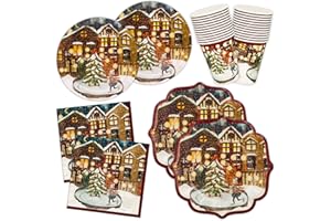 HNH 96 Pezzi Piatti, Tovaglioli e Bicchieri di carta Natale, Piazza di Natale Piatti di carta da dessert usa e getta Set di Stoviglie monouso per feste