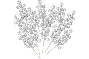 Whaline 12Pcs Christmas Glitter Berries Stems 8.3 Inch Artificial Fruit Berry Picks Holly Berry Twig for Xmas Tree Ornament DIY Craft Christmas Wreath Garland Winter Holiday Decoration, Silver