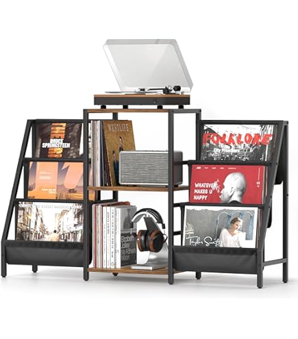 COSTWAY Platenspelerstandaard, Platenkast Met Stopcontact & USB Type C Lade En Open Vak Platenspeler Platenstandaard Voor Albums Grammofoonplaten Cd S 1692212760