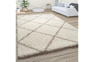 Paco Home Alfombra De Pelo Largo, Suave Salón Shaggy Estilo Escandinavo Motivo De Rombos, tamaño:200x280 cm, Color:Beige-Crema