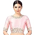 Studio Shringaar Women's Readymade Art Silk Embroidered Saree Blouse with Elbow Length Sleeves