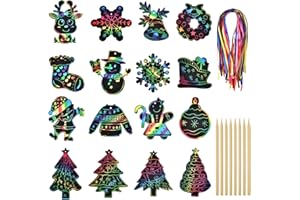 WILLINGOOD 48 Stück Weihnachten Kratzbilder für Kinder, Regenbogen Scratch Art Set Kratzpapier zum Basteln, Scratch Paper mit 8 Holzstiften 48 Bändern Für Weihnachtsdeko, Adventskalender Füllung Für Kinder