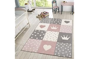 TT HOME Dywan Dzieciêcy W Kratê Kropki Gwiazdy Ksiê¿yc Pastelowy Ró¿owy Bia³y Szary, Rozmiar:140x200 cm