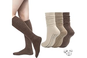 Aurmly Pilates Socks with Grips for Women 3 Pairs, Ladies Cotton Long Scrunch Non Slip Socks for Yoga Barre Hospital Slouch Slipper Socks UK4-8