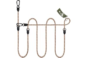 BLUZELLE Guinzaglio per Cani 3m Regolabile Corda, Guinzaglio Mani Libere per Cani Taglia Grande e Media, Guinzaglio Doppio, 2x Moschettone Grande, Nylon Riflettente & Accenti in Pelle, Colore:Cachi