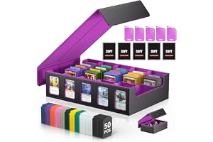 Trading Card Storage Box with Commander Display, 5-Row Deck Case with Removable Lid; 3900+ Cards Deck Box for MTG TCG Sports Card, 5 Toploaders, 5 Stoppers, 50 Dividers,1 Dice Tray (Purple)