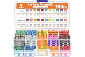 JOREST zestaw różnych bezpieczników samochodowych 100 szt., 56 mini bezpieczników samochodowych + 44 standardowych bezpieczników automatycznych + 1 chwytak do bezpieczników – 11 różnych bezpieczników