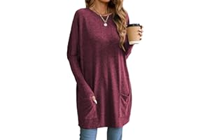 Famulily Long Tunics for Women Casual Solid Color Oversized Long Tshirt Crew Neck Sweatshirt with Pockets