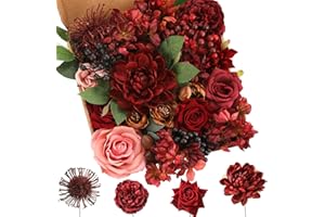 Floweroyal Fleurs Artificielles Bourgogne Fleurs de Soie Mélanger des Roses de Dahlia avec des Tiges pour DIY Bouquet de Mariage, Douche de Bébé, Composition Florale, Décoration Intérieure.