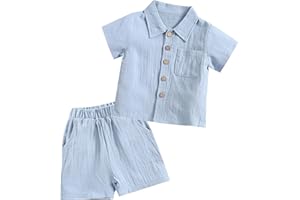Happy Cherry Vêtements d'Été pour Bébé Garçon Tenue Décontractée Ensembles Chemise+Shorts Coton et Lin Enfant Couleur Unie 1-4 Ans