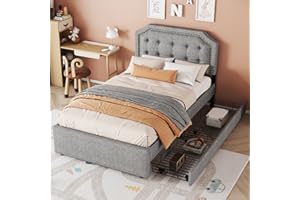 Becag Kinderbett Einzelbett 90x200, Polsterbett mit 2 Schubladen Stauraum, Bettgestell mit Lattenrost, Stauraumbett Rückenlehne Bett Jugendbett Gästebett, Ohne Matratze, Leinen (Grau-B)