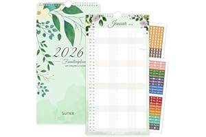 SUNEE Familienkalender 2026 5 Spalten, 12 Monate Kalender Familienplaner 2026 mit Sticker, 22,8 x 43 cm, Monatsansicht Wandkalender mit Feiertagen, Ideal für Familienorganisation