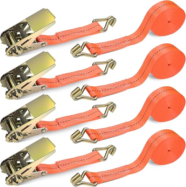GLOSKIN Cinchas de Amarre con Trinquete y Gancho, Eslingas de Amarre,5.5m × 2.5 mm, 1000 kg, Eslingas de Carga,Kit de Trinquete de 4 Piezas, Empate Dividido de Dos Partes, Naranja - 1